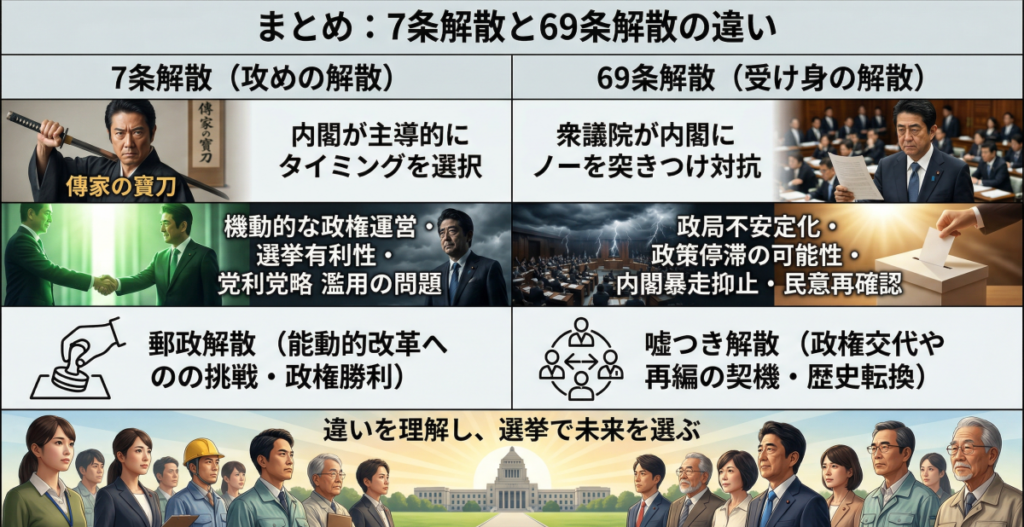 まとめ：7条解散と69条解散の違い