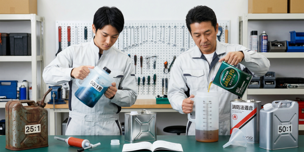 実践編！混合ガソリン25対1と50対1の作り方と、もしもを乗り切る知識