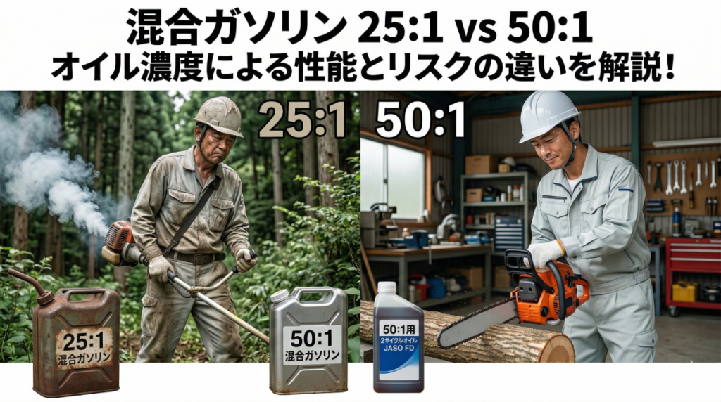 混合ガソリン25対1と50対1の違いは？オイル濃度が生む性能とリスクを徹底解説