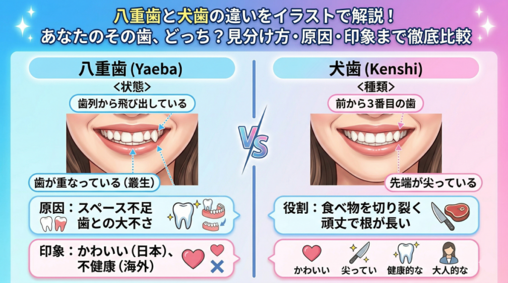 八重歯と犬歯の違いをイラストで解説！あなたのその歯、どっち？見分け方から原因、印象まで徹底比較
