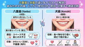 八重歯と犬歯の違いをイラストで解説！あなたのその歯、どっち？見分け方から原因、印象まで徹底比較