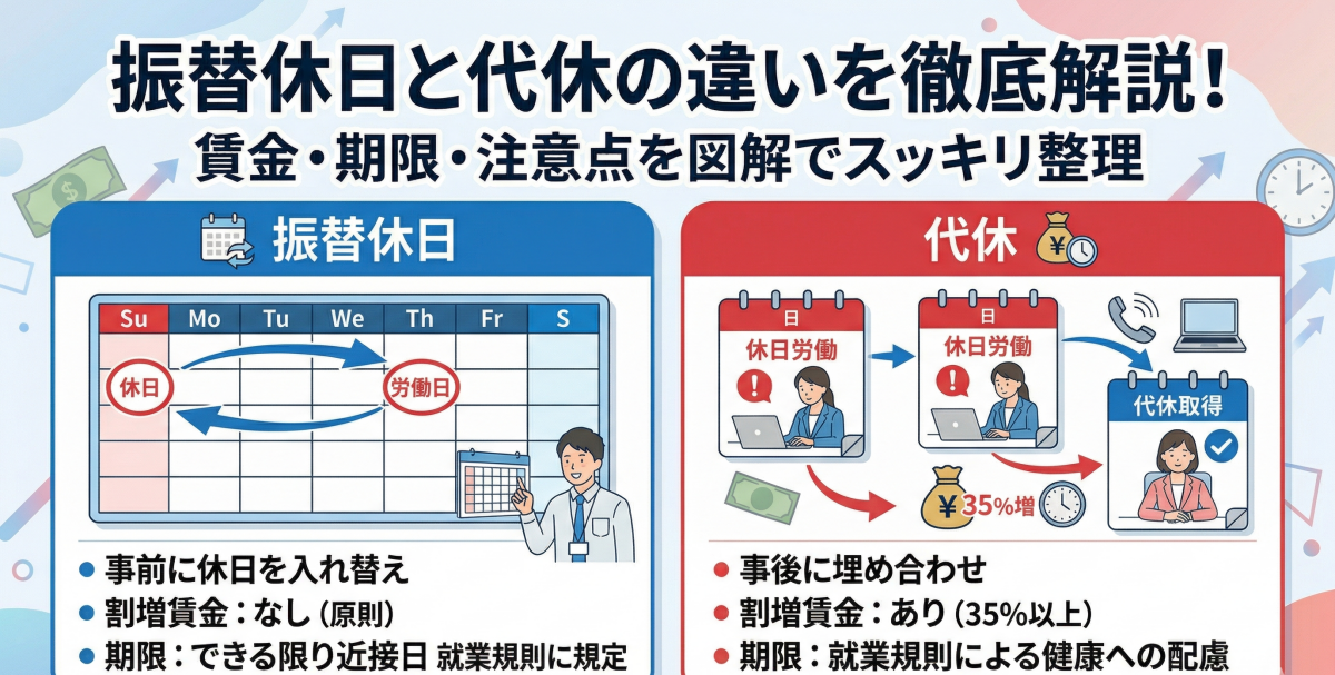 振替休日と代休の違いを図で徹底解説！賃金や期限、知らないと損する注意点まで